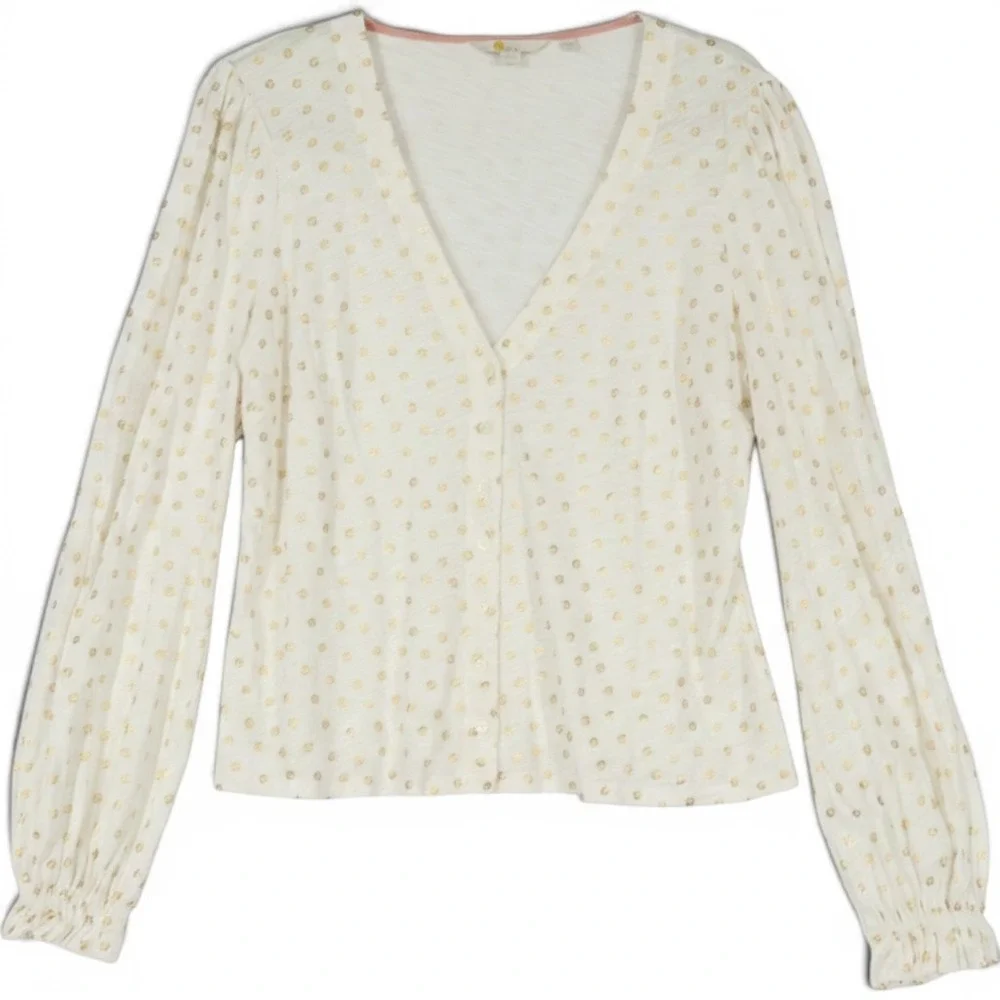 Boden Polka Dot Button Front Top Women 12 White Gold Foil Dot V-Neck Feminine